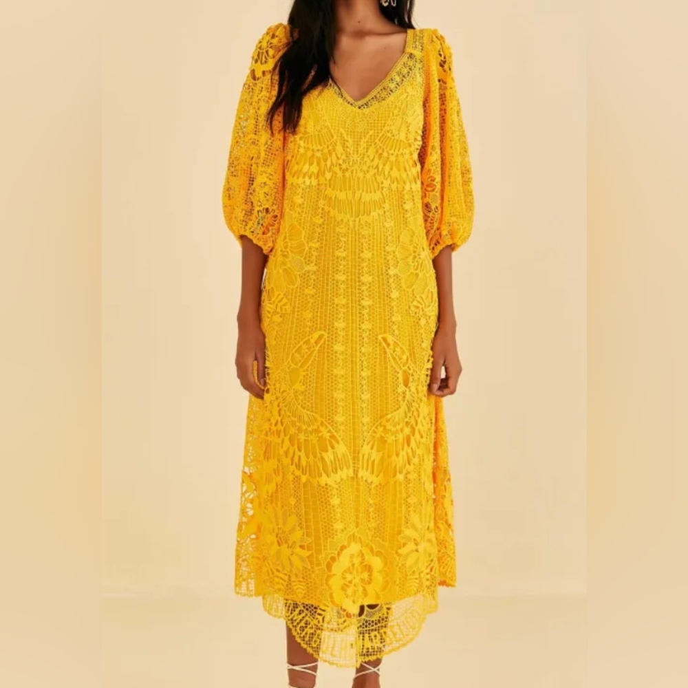 NWT Farm Rio Yellow Guipure Maxi Dress Medium